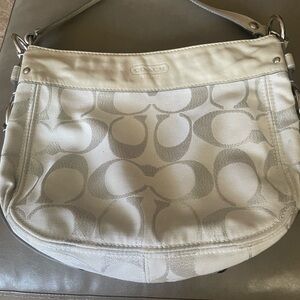Coach Cream and Gray Shoulder Bag with Signature Pattern